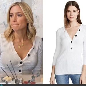 Enza Costa White Ribbed V-Neck Long Sleeve Top with Offset Button Placket